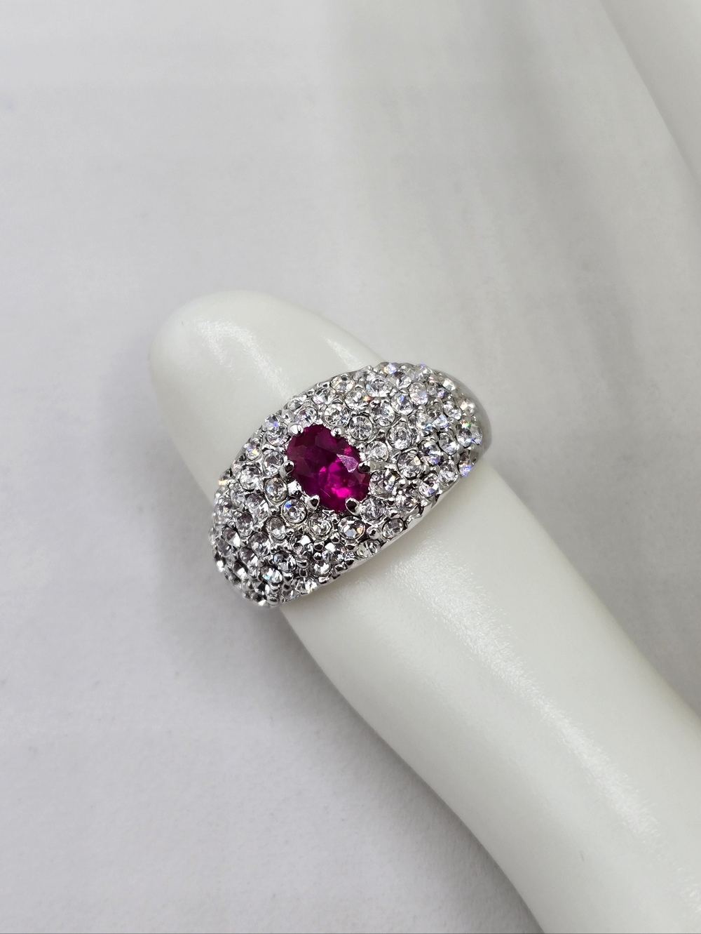 Swarovski Crystal Elements Silver Statement Band Ring Pink Size 7 Prom Bridal